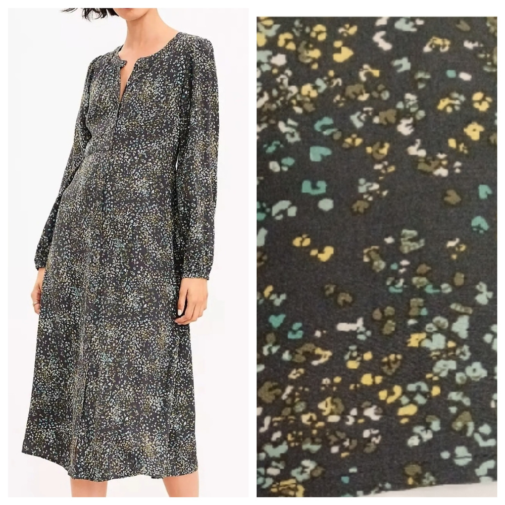 LOFT Ditsy Floral LS Midi Shirt Dress Size 10 Green Button Down Collarless Boho